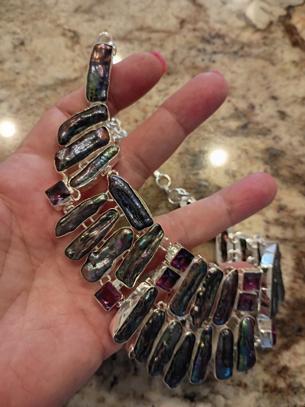 Stunning Real Biwa Pearl Necklace with Pink/Purple Stone Accents - Picture 2 of 6